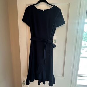 Calvin Klein Midnight Blue Midi Dress with pleated ruffled hem